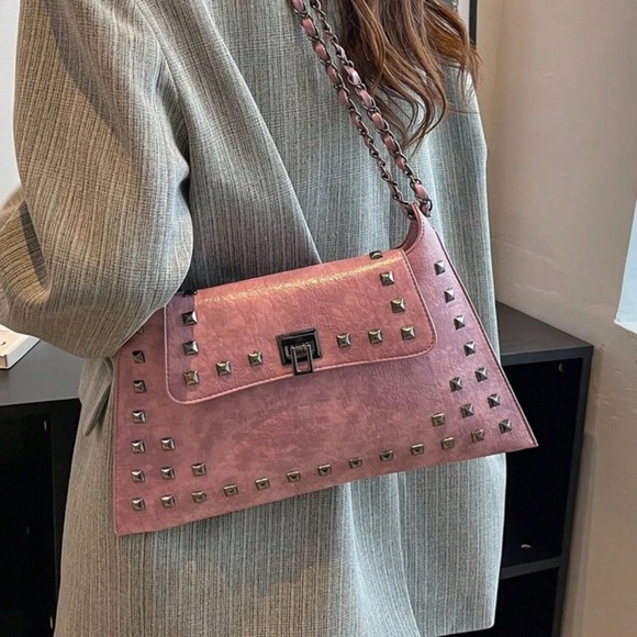 Pink Studded Women's Bag With Lock Closure - Picture 2 of 4
